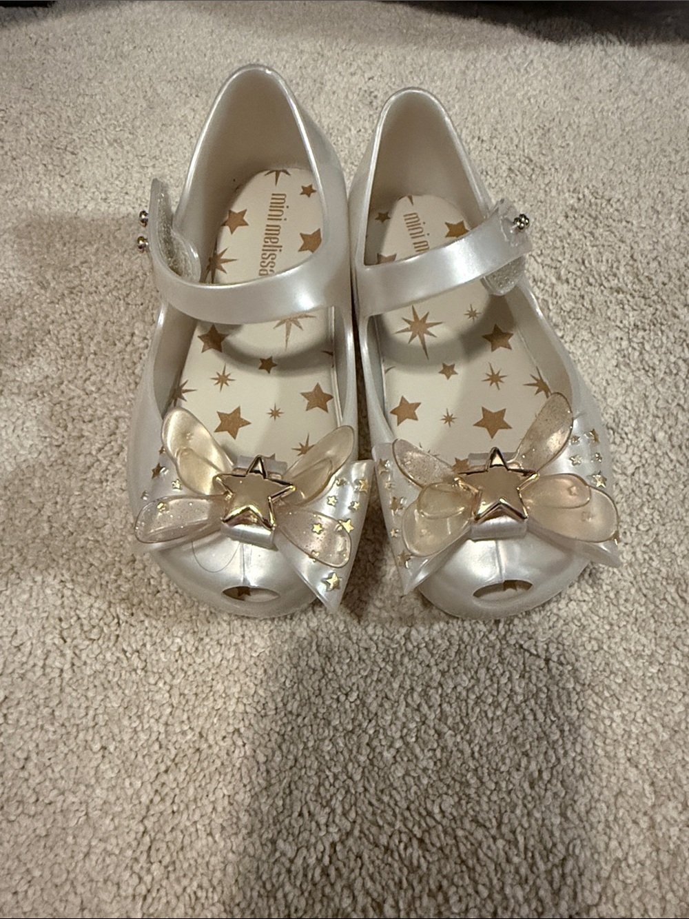 Mini Melissa Pearl White Mary Jane Shoes with Gold Star Bow
